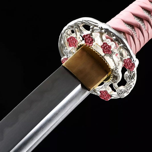 Full Tang Katana ,Handmade Japanese T10 Katana Steel katana Clay Tempered with Pink Scabbard，Real hamon