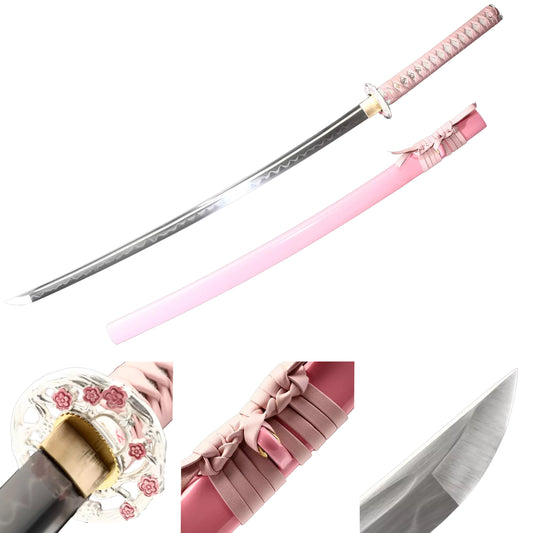 Full Tang Katana ,Handmade Japanese T10 Katana Steel katana Clay Tempered with Pink Scabbard，Real hamon