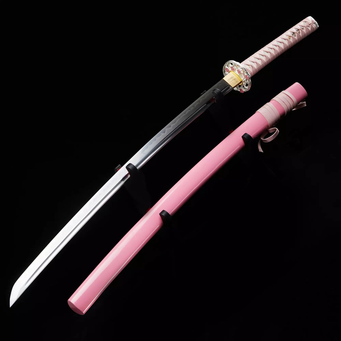 Full Tang Katana ,Handmade Japanese T10 Katana Steel katana Clay Tempered with Pink Scabbard，Real hamon