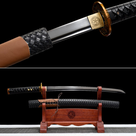 Handmade Wakizashi Sword High manganese steel With Black leather Scabbard - 31 in