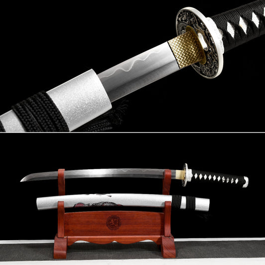 Handmade Wakizashi Sword Damascus steel With white leather Scabbard - 31 in