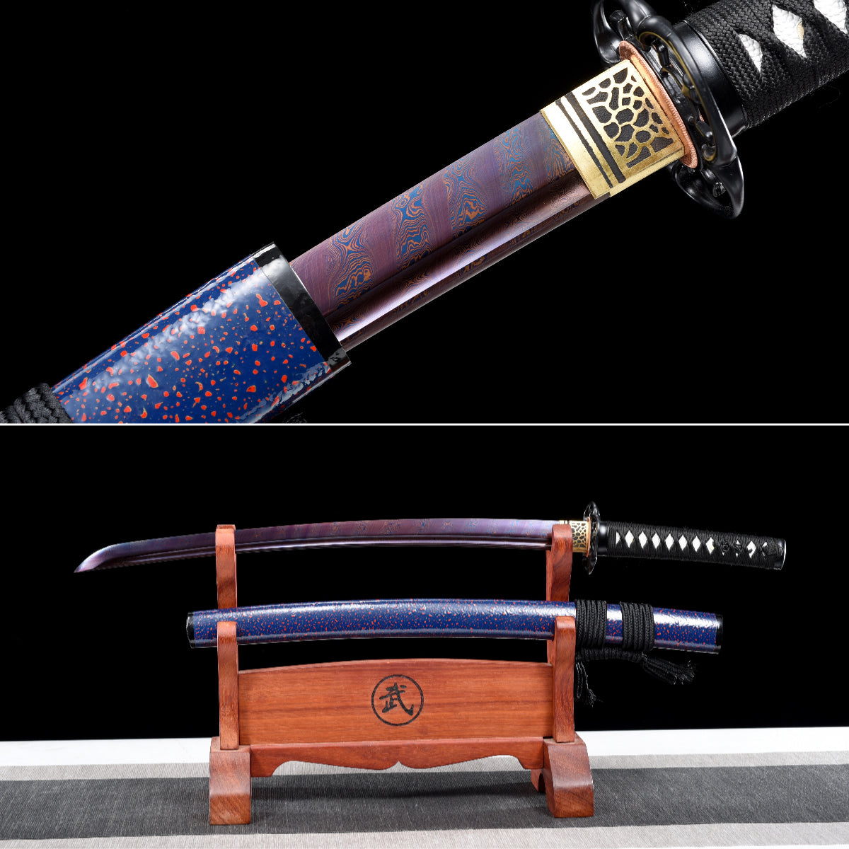 Handmade Wakizashi Sword  Red Damascus steel With Blue Scabbard - 31 in