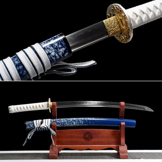 Handmade Full Tang Wakizashi Sword T10 Carbon Steel Clay Tempered Blade Blue scabbard - 31 in