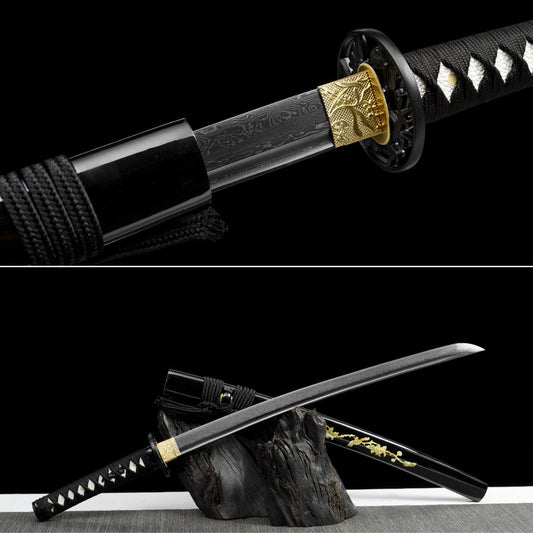 Handmade Wakizashi Sword Black Damascus steel With Black Scabbard - 31 in