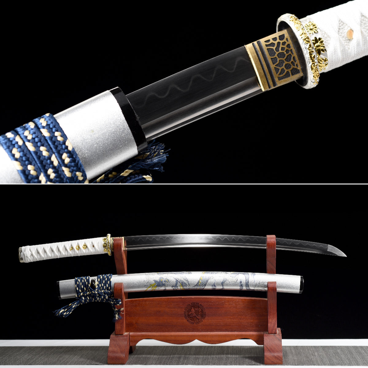 Handmade Full Tang Wakizashi Sword Damascus Steel  Clay Tempered Blade White printed scabbard - 31 in