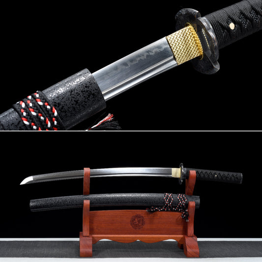 Handmade Full Tang Wakizashi Sword T10 Steel  Clay Tempered Blade Black scabbard - 31 in