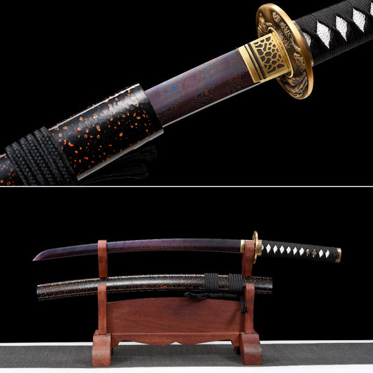 Handmade Wakizashi Sword  Blue Damascus steel With Black Scabbard - 31 in