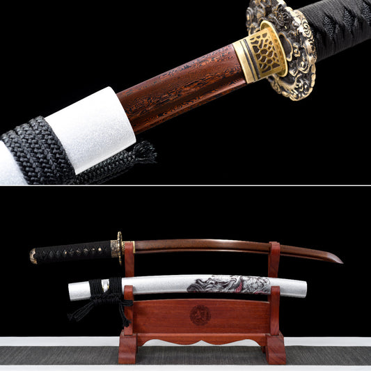 Handmade Wakizashi Sword Red Damascus steel With white leather Scabbard - 31 in