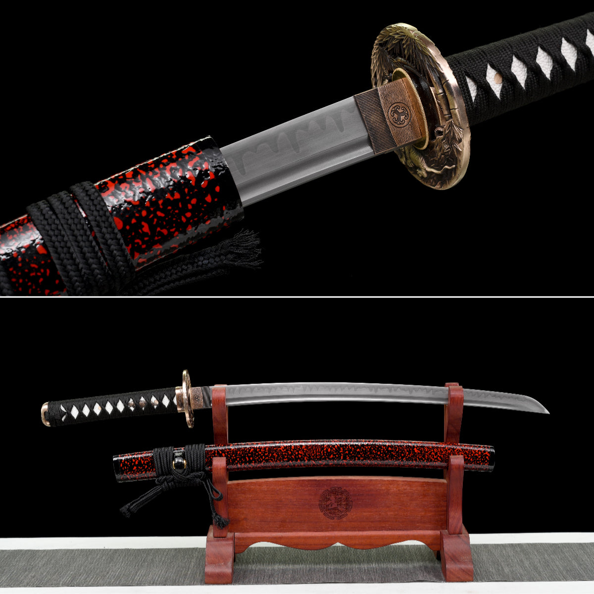 Handmade Full Tang Wakizashi Sword T10 Carbon Steel Clay Tempered Blade Red spotted scabbard - 31 in