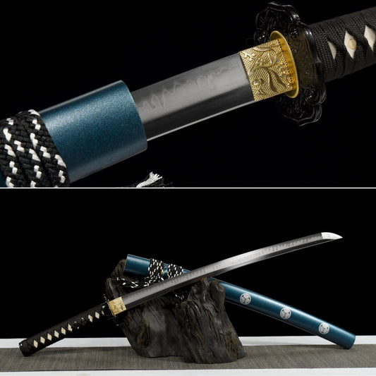 Handmade Full Tang Wakizashi Sword T10 Carbon Steel With Clay Tempered Blade - 31 in