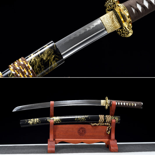 Handmade Full Tang Wakizashi Sword T10 Carbon Steel Clay Tempered Blade Black printed scabbard - 31 in