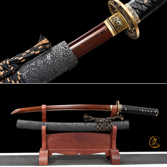 Handmade Wakizashi Sword Red Damascus steel With Black leather Scabbard - 31 in