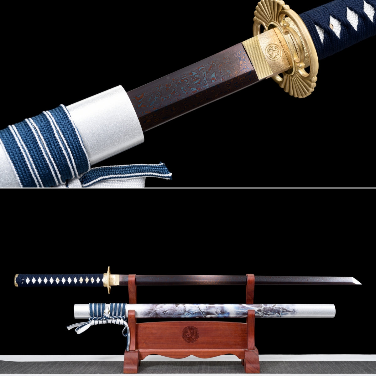 Handmade Ninjato Sword Red Damascus steel steel Full Tang White printing scabbard Blue rope handle white ray skin  - 41 in