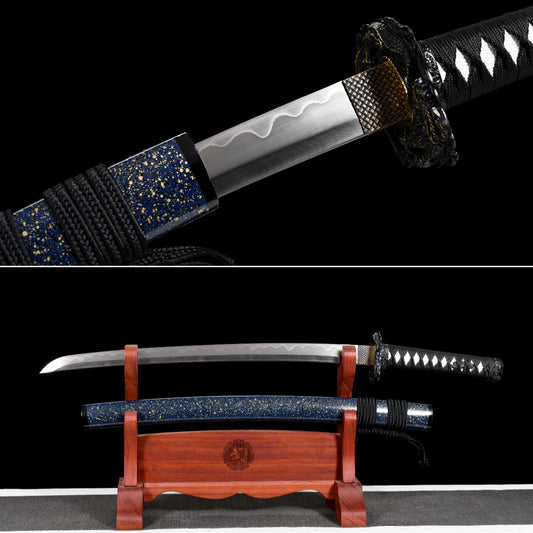 Handmade Full Tang Wakizashi Sword Damascus Steel  Clay Tempered Blade Blue scabbard - 31 in