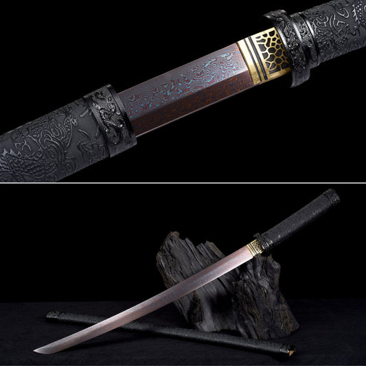 Handmade Wakizashi Sword Red Damascus steel With Black leather Scabbard - 31 in