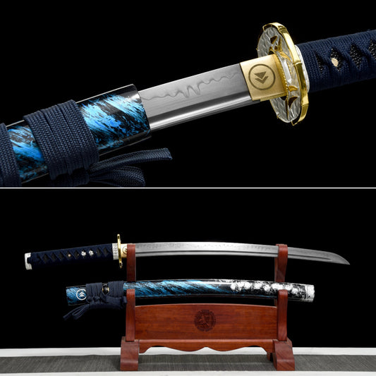 Handmade Full Tang Wakizashi Sword T10 Carbon Steel Clay Tempered Blade Blue scabbard - 31 in