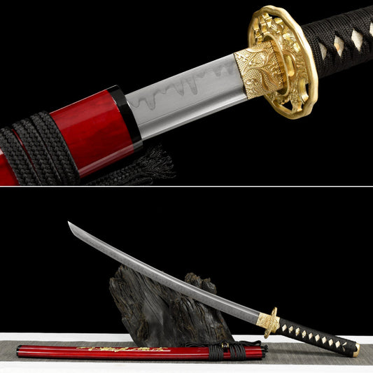 Handmade Full Tang Wakizashi Sword T10 Carbon Steel With Clay Tempered Blade Red printed sheath - 31 in