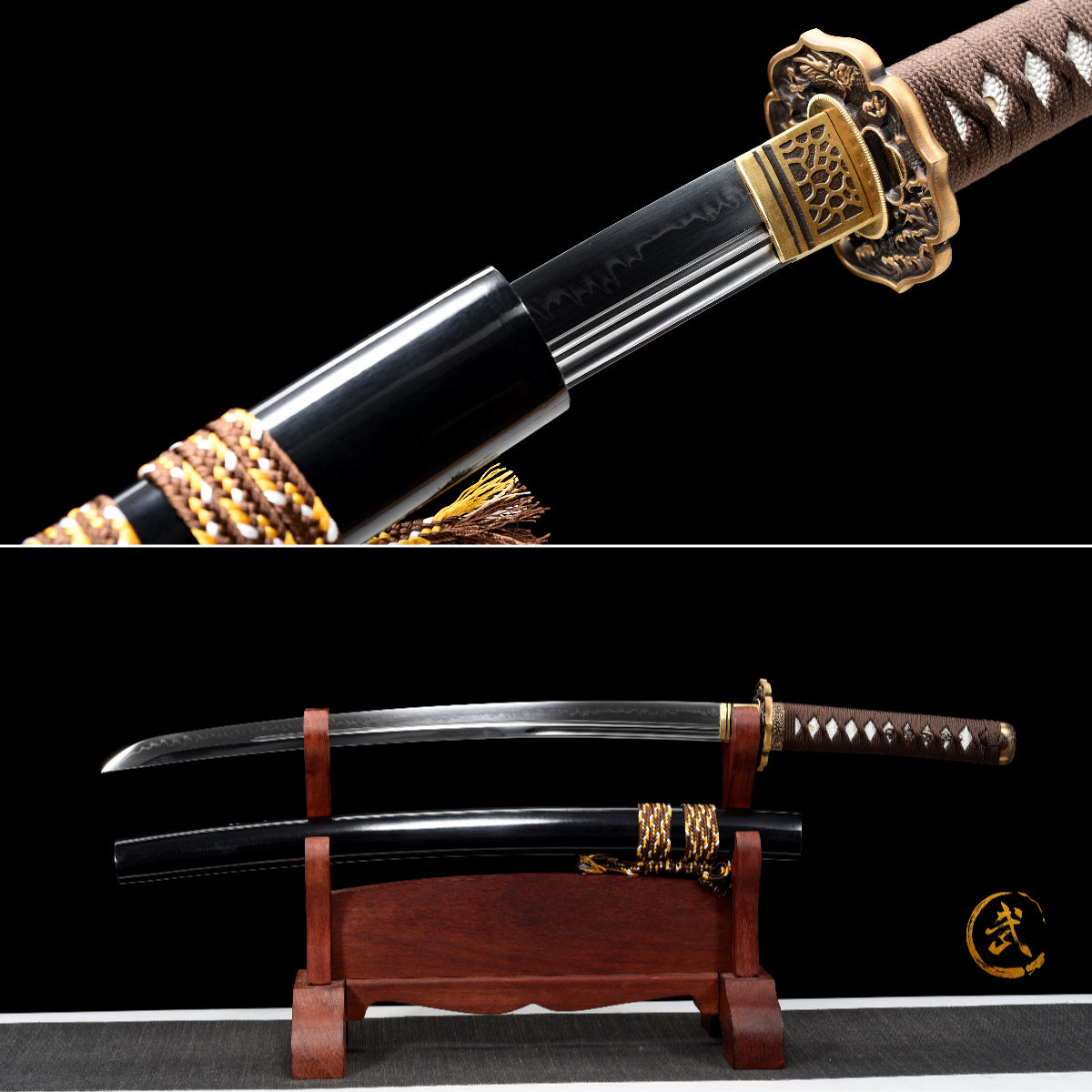 Handmade Full Tang Wakizashi Sword T10 Steel unokubi zukuri style blade Clay Tempered Blade Black printing scabbard - 31 in