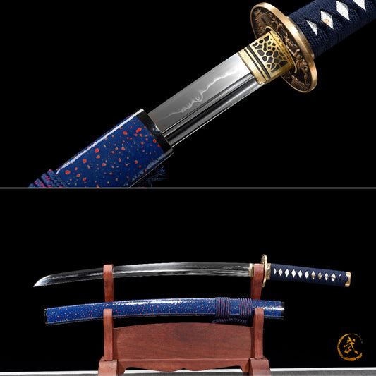 Handmade Full Tang Wakizashi Sword T10 Carbon Steel Clay Tempered Blade Blue spotted scabbard - 31 in