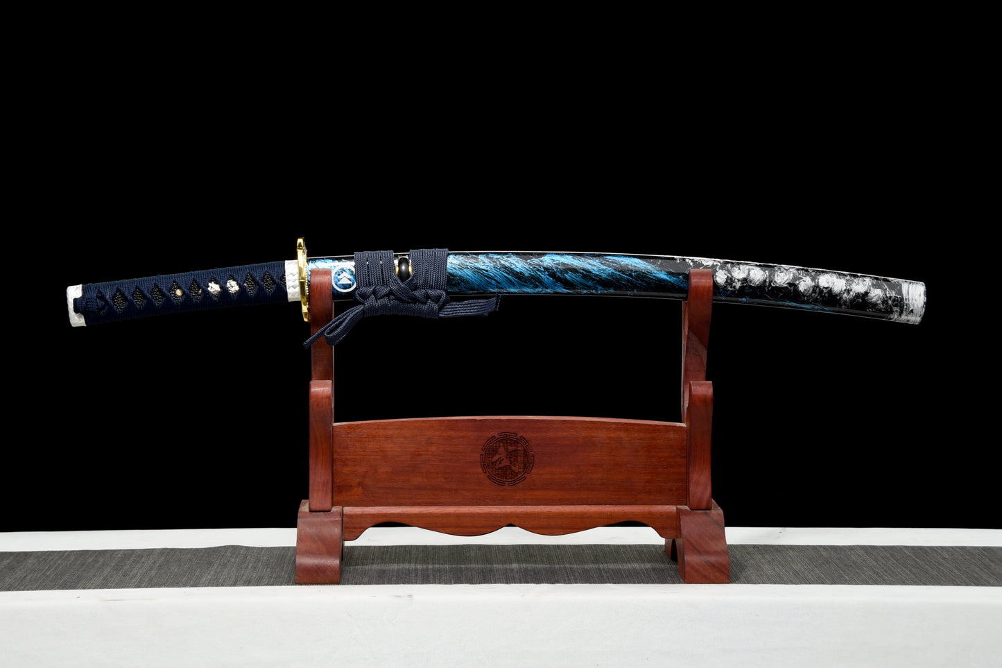 Handmade Full Tang Wakizashi Sword T10 Carbon Steel Clay Tempered Blade Blue scabbard - 31 in