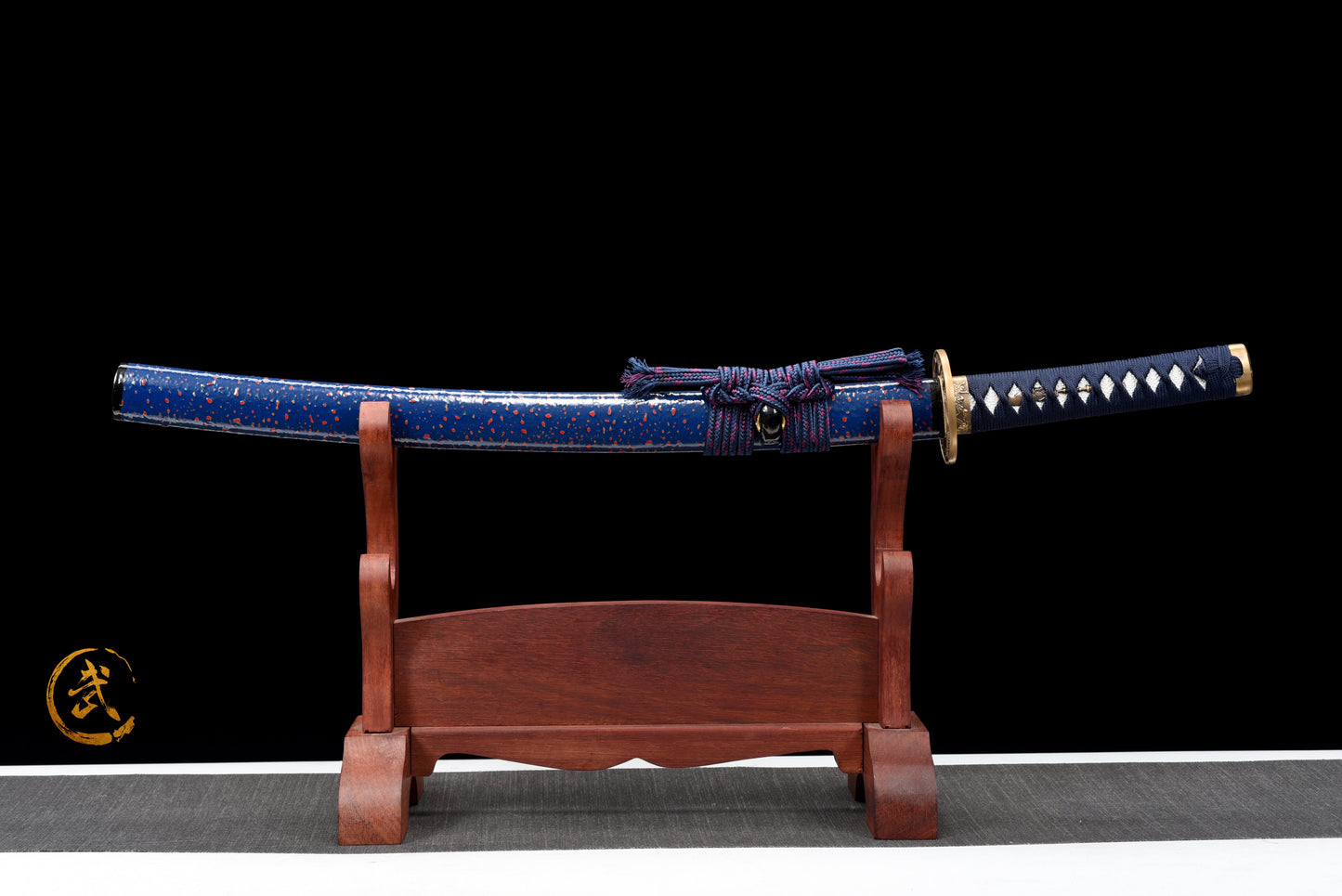 Handmade Full Tang Wakizashi Sword T10 Carbon Steel Clay Tempered Blade Blue spotted scabbard - 31 in