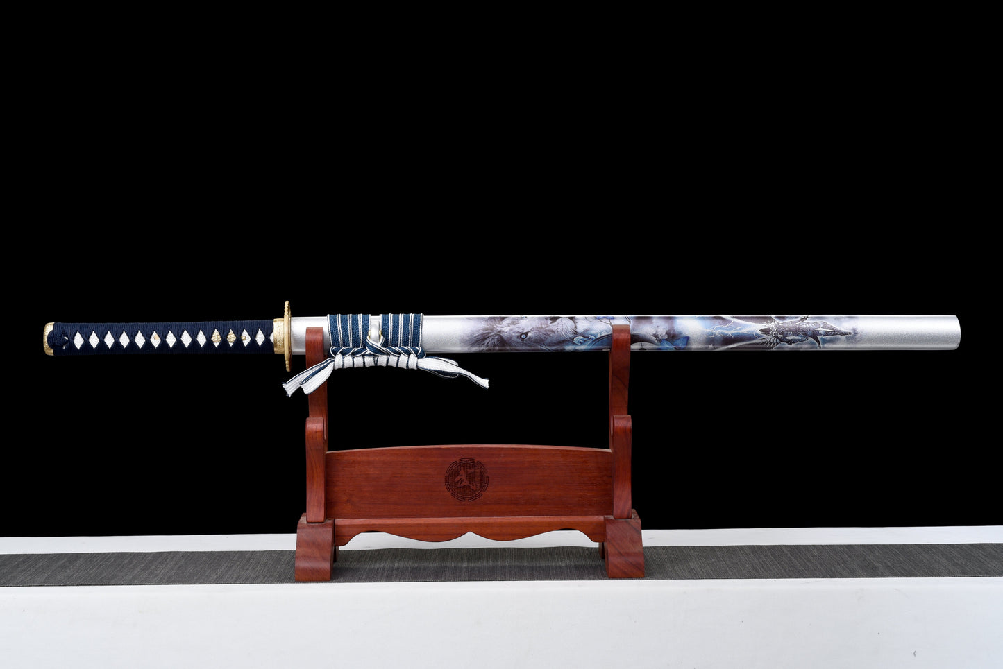 Handmade Ninjato Sword Red Damascus steel steel Full Tang White printing scabbard Blue rope handle white ray skin  - 41 in