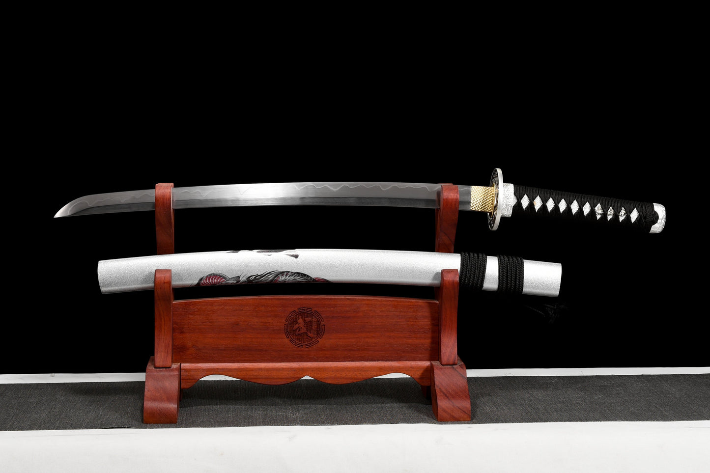 Handmade Wakizashi Sword Damascus steel With white leather Scabbard - 31 in