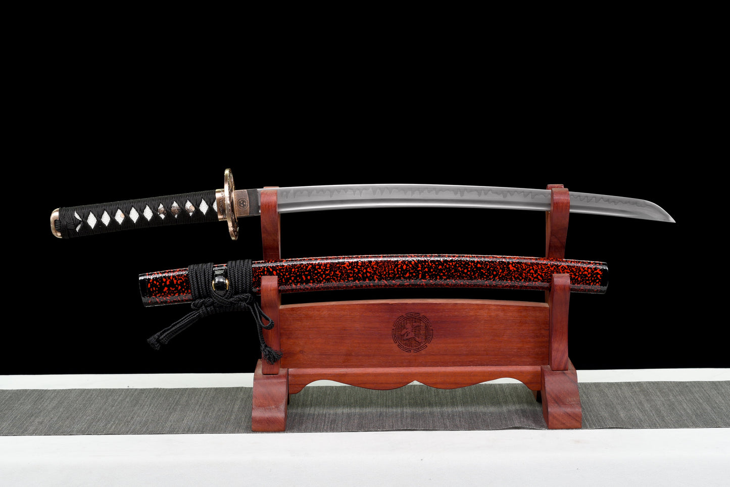 Handmade Full Tang Wakizashi Sword T10 Carbon Steel Clay Tempered Blade Red spotted scabbard - 31 in