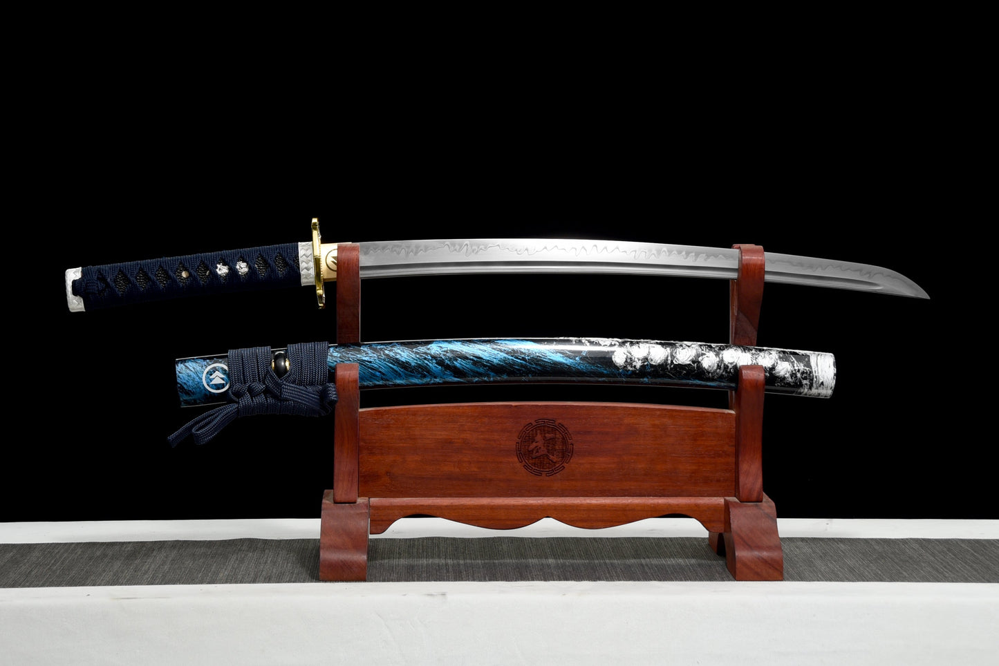 Handmade Full Tang Wakizashi Sword T10 Carbon Steel Clay Tempered Blade Blue scabbard - 31 in