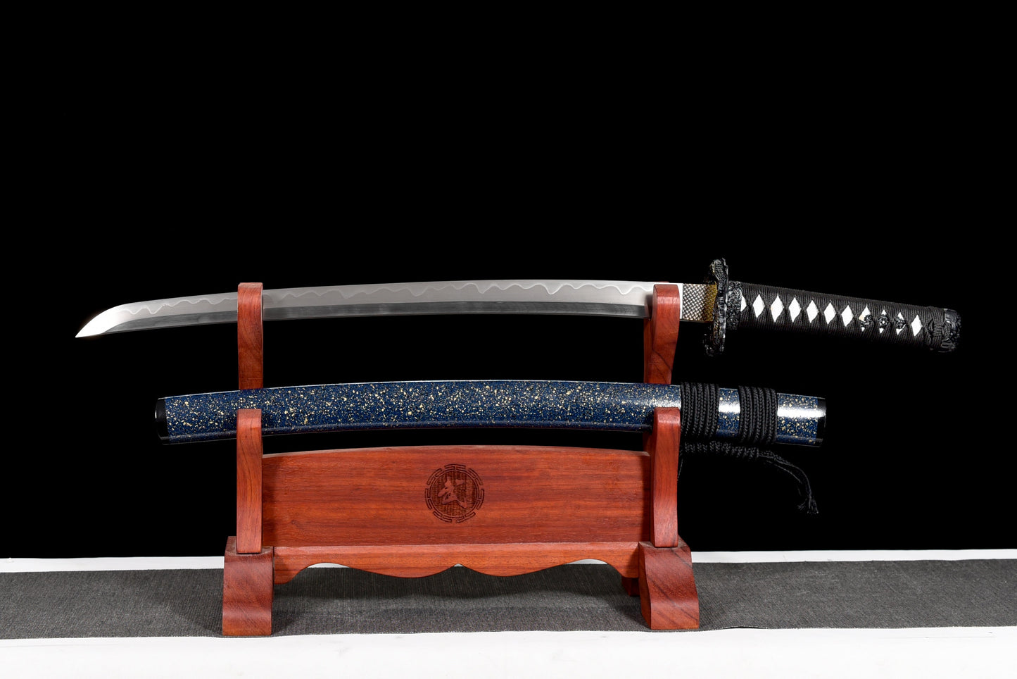 Handmade Full Tang Wakizashi Sword Damascus Steel  Clay Tempered Blade Blue scabbard - 31 in