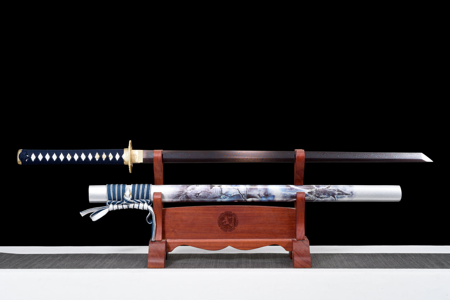 Handmade Ninjato Sword Red Damascus steel steel Full Tang White printing scabbard Blue rope handle white ray skin  - 41 in