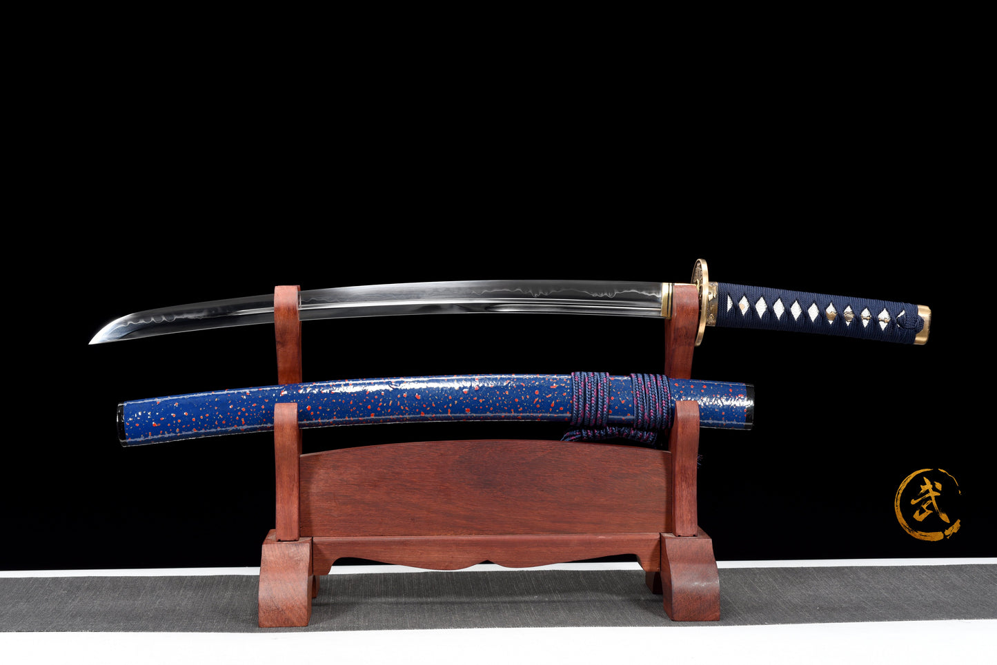 Handmade Full Tang Wakizashi Sword T10 Carbon Steel Clay Tempered Blade Blue spotted scabbard - 31 in