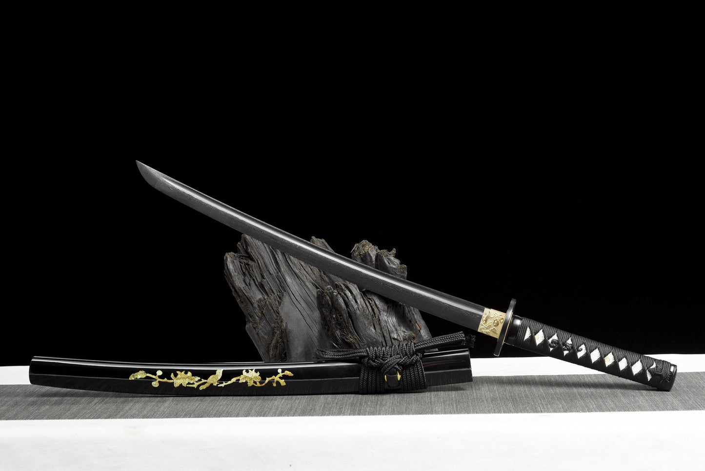 Handmade Wakizashi Sword Black Damascus steel With Black Scabbard - 31 in