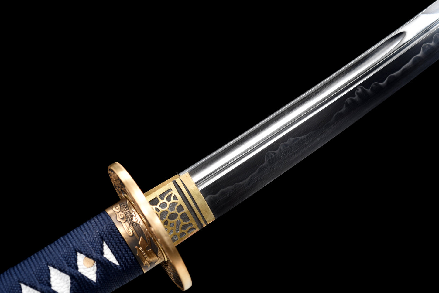 Handmade Full Tang Wakizashi Sword T10 Carbon Steel Clay Tempered Blade Blue spotted scabbard - 31 in