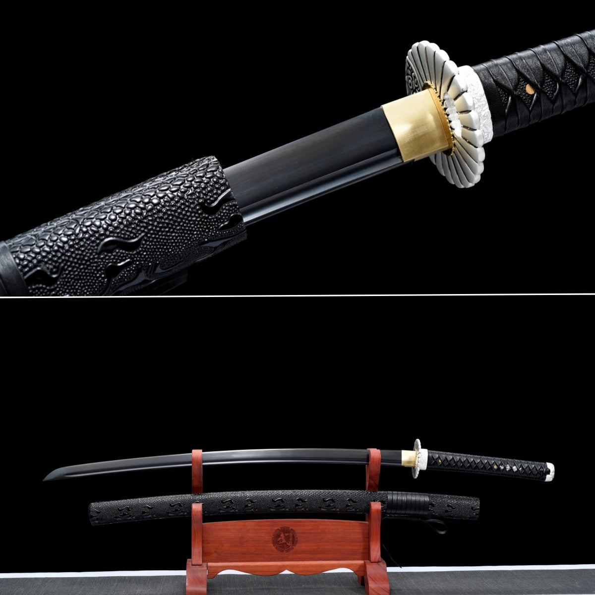 Handmade Full Tang katana 1045 steel Black Blade and black leather sheath - 41 inches length