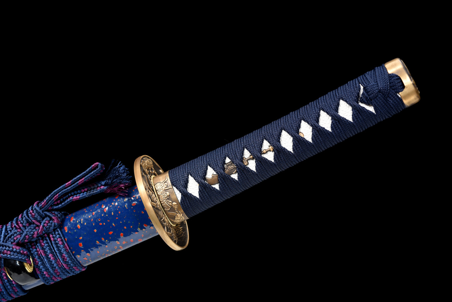 Handmade Full Tang Wakizashi Sword T10 Carbon Steel Clay Tempered Blade Blue spotted scabbard - 31 in